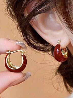 OVO Burgundy Red Enamel Hoop Earrings with Gold Tone